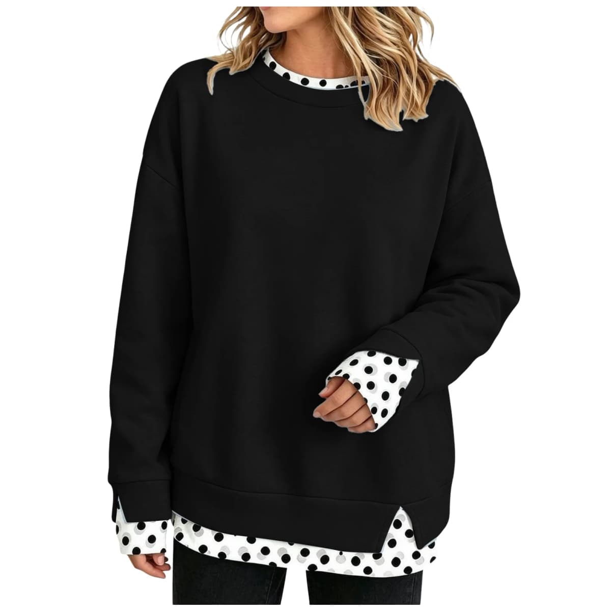 Oversize Sweatshirts Women Fake Two-Piece Polka Dot Patchwork Crew Neck Long Sleeve Tops Spring Autumn Fashion Casual Pullover