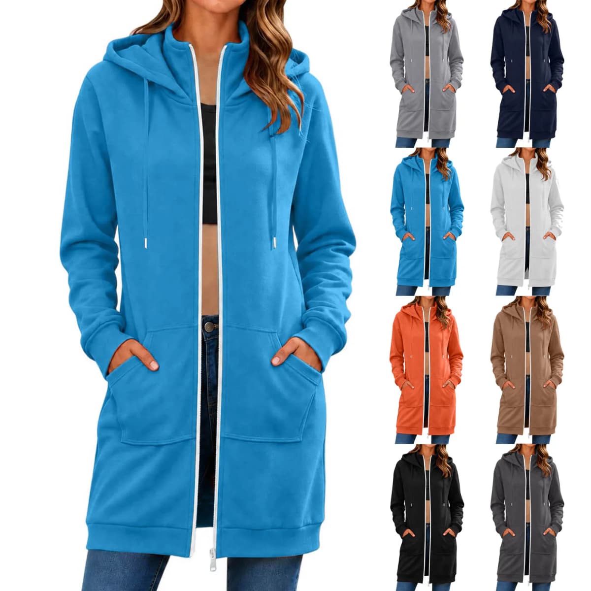 Spring Autumn Full Zip Hoodie Womens Hooded Mid Length Coats Female Casual Zipper Drawstring Sweatshirt Jacket Streetwear