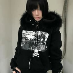 Women Y2k Aesthetic Printing Loose Pocket Hoody Streetwear Fur Patchwork Hooded Hoodies Punk Grunge Zipper Casual Sweatshirts