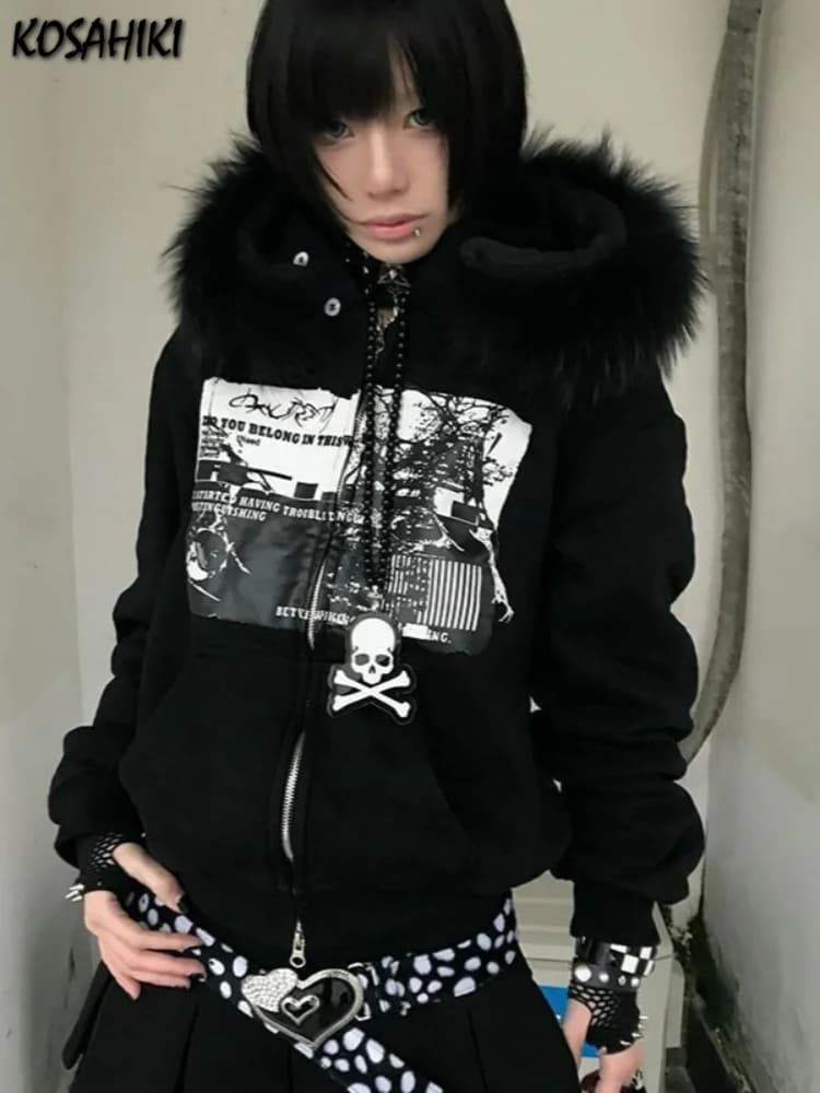 Women Y2k Aesthetic Printing Loose Pocket Hoody Streetwear Fur Patchwork Hooded Hoodies Punk Grunge Zipper Casual Sweatshirts