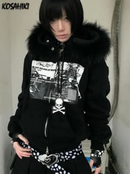 Women Y2k Aesthetic Printing Loose Pocket Hoody Streetwear Fur Patchwork Hooded Hoodies Punk Grunge Zipper Casual Sweatshirts