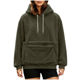 Women Furry Hoodie With Dog Kangaroo Pocket Fleece Solid Color Pocket Hooded Tops Funny Pullover Womens Athletic Sweatshirts