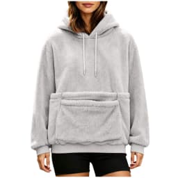 Women Furry Hoodie With Dog Kangaroo Pocket Fleece Solid Color Pocket Hooded Tops Funny Pullover Womens Athletic Sweatshirts