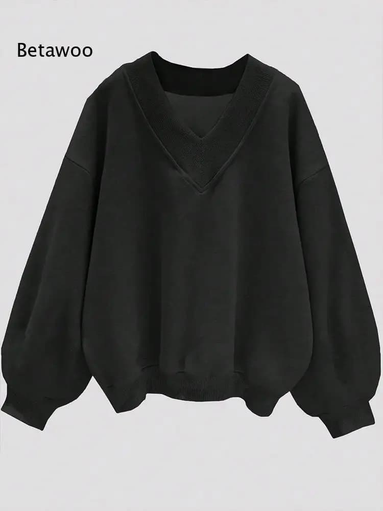 Women Fall V Neck Sweatshirt Loose Fit Long Sleeve Pullover Top Casual Solid Color Oversized Streetwear for Autumn Daily Wear