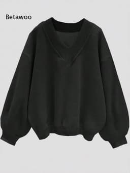 Women Fall V Neck Sweatshirt Loose Fit Long Sleeve Pullover Top Casual Solid Color Oversized Streetwear for Autumn Daily Wear