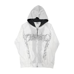 Y2K Gothic Zip Up Hoodie White Thorn Letter Graphic Hooded Jacket Striped Inner Lining Dark Streetwear Unisex Coat