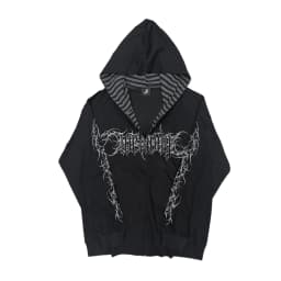 Y2K Gothic Zip Up Hoodie White Thorn Letter Graphic Hooded Jacket Striped Inner Lining Dark Streetwear Unisex Coat