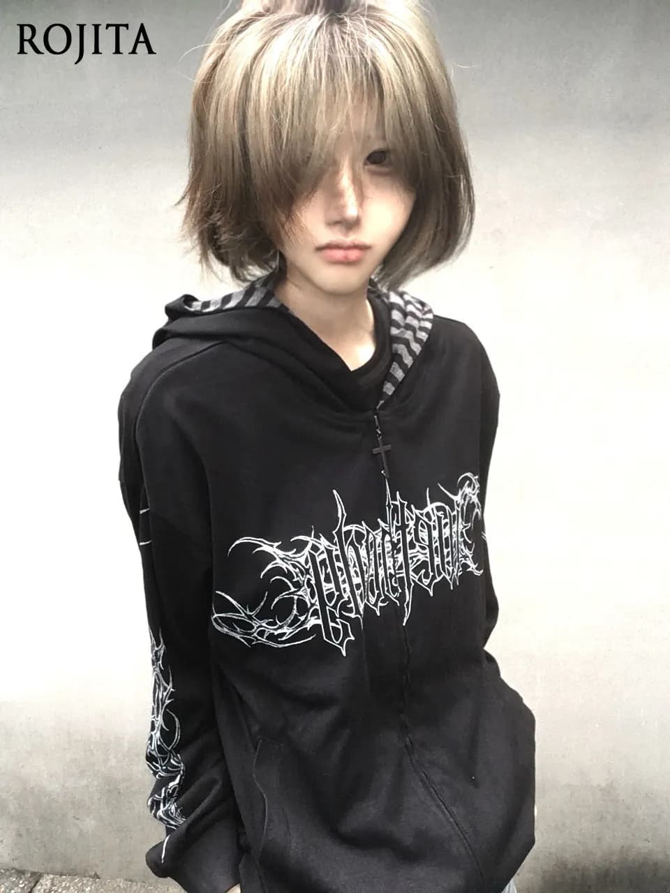 Y2K Gothic Zip Up Hoodie White Thorn Letter Graphic Hooded Jacket Striped Inner Lining Dark Streetwear Unisex Coat