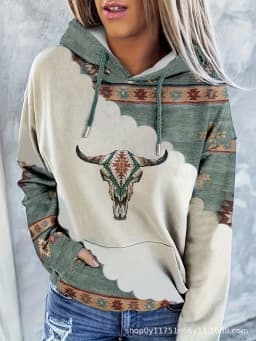 2025 Casual Ethnic Style Printed Hoodies For Autumn Winter Women Clothing Loose Hood Long Sleeve Pockets Streetwear Sweatshirts