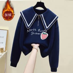Teenage Girl's Fleece Lined Thickened Navy Collar Sweatshirt Small Size Winter Fashionable Clothing School Sweet Style Zipper