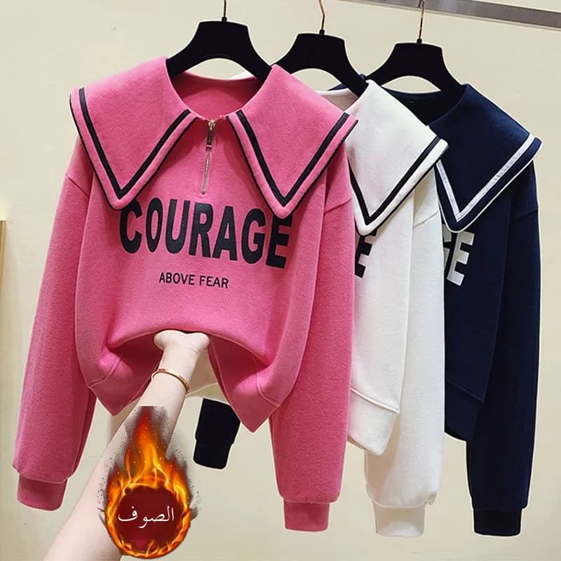 Teenage Girl's Fleece Lined Thickened Navy Collar Sweatshirt Small Size Winter Fashionable Clothing School Sweet Style Zipper