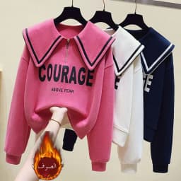 Teenage Girl's Fleece Lined Thickened Navy Collar Sweatshirt Small Size Winter Fashionable Clothing School Sweet Style Zipper