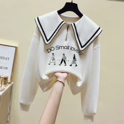 Teenage Girl's Fleece Lined Thickened Navy Collar Sweatshirt Small Size Winter Fashionable Clothing School Sweet Style Zipper