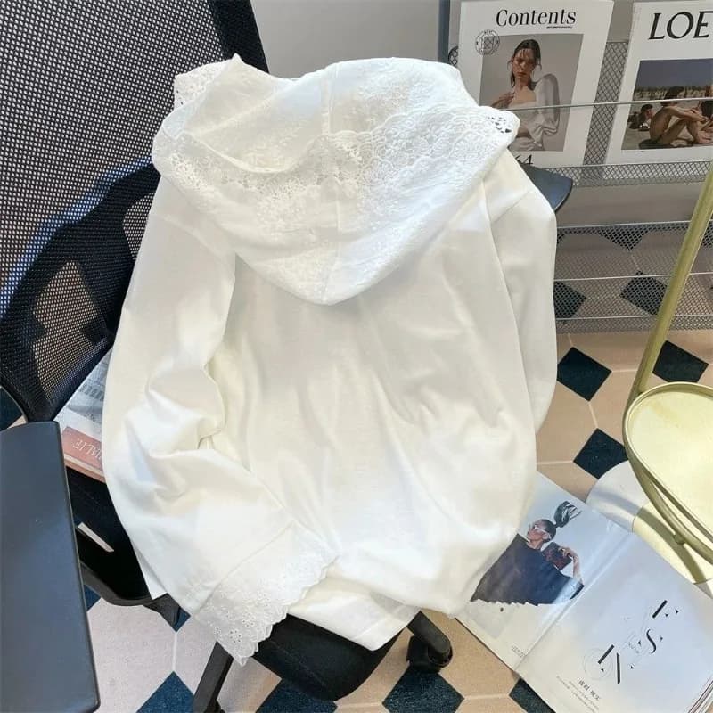 Sweet Lace Patchwork Hoodie Top for Women Spring Autumn Thin White Cotton T-shirts 2026 Lazy Simple Long Sleeve Tee Shirt
