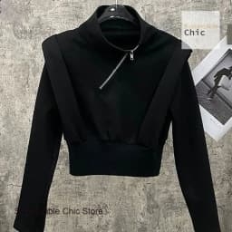 French style fashion design oblique half zipper sweater women's high-quality temperament short high waist long sleeve top
