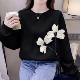 Women's Clothing Korean Autumn Winter Tie Flowers Solid Color Lantern Long Sleeve Pullover Hoodies Casual Loose Flattering Tops