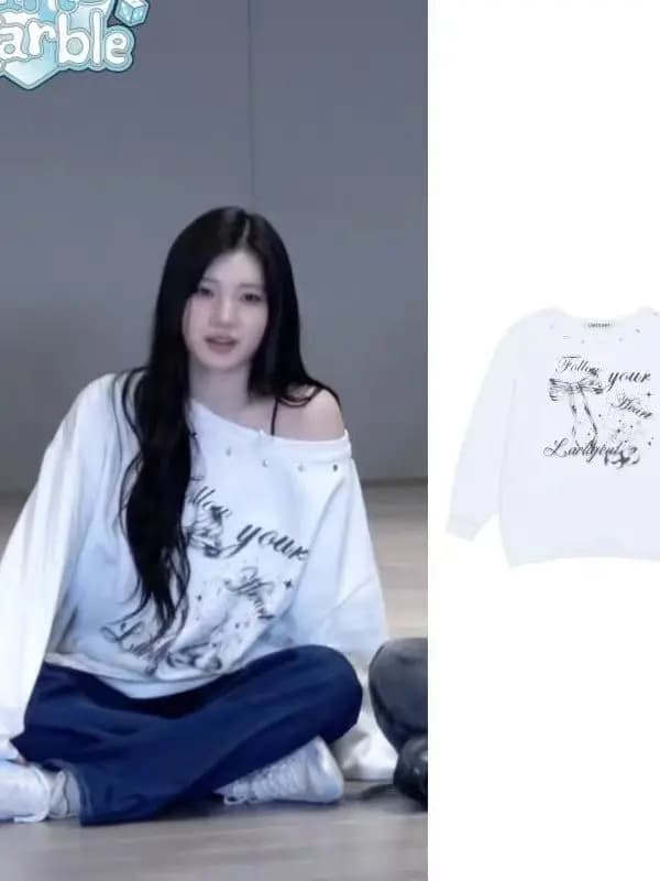 JUUN Orange Label Printed Design Sweater Casual Off-Shoulder Long Sleeve Loose Fit Hoodie Women's Streetwear Style Korean Fas...