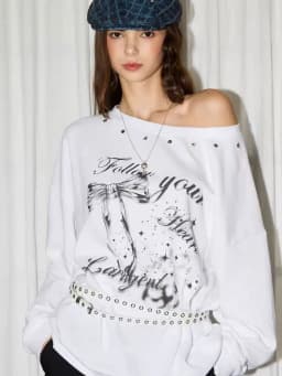 JUUN Orange Label Printed Design Sweater Casual Off-Shoulder Long Sleeve Loose Fit Hoodie Women's Streetwear Style Korean Fas...