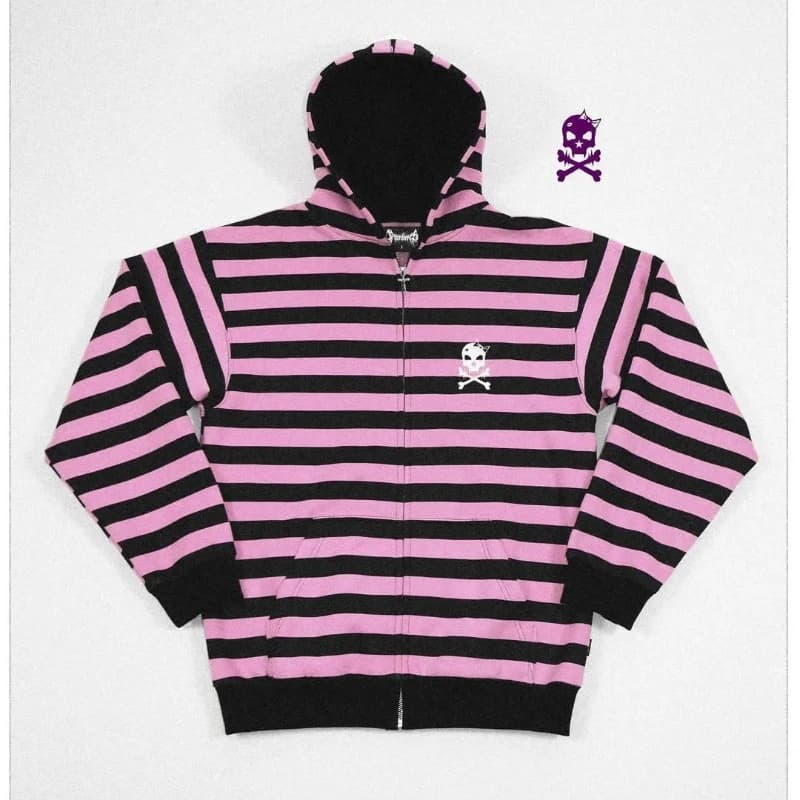 Pink and Black Striped Hooded Zipper Jacket, Spring and Summer Hooded Cardigan, Loose Zipper, Couple's Casual Hip-Hop Style