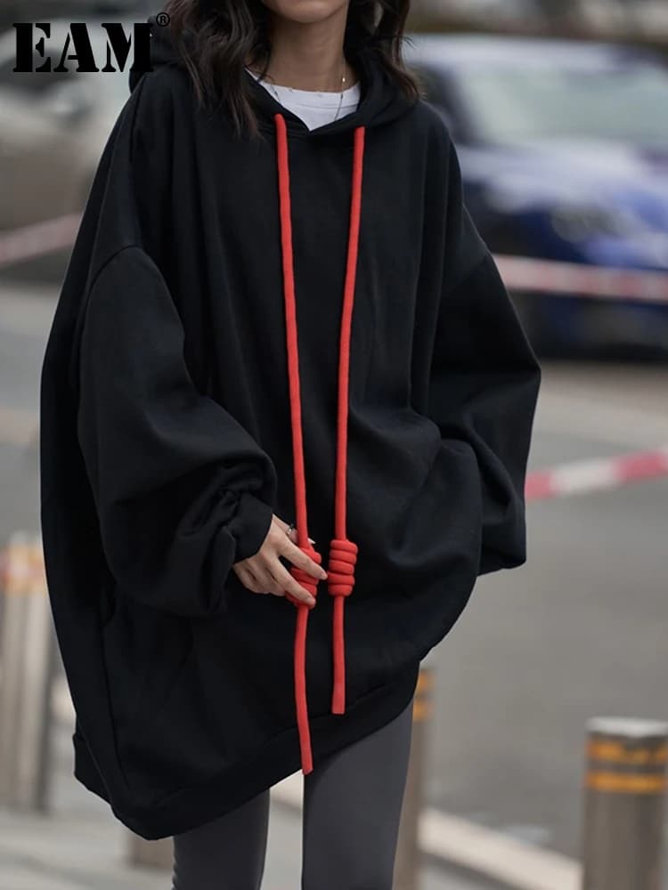 [EAM] Black Drawstring Color-block Sweatshirt New Hooded Long Sleeve Women Big Size Fashion Tide Spring Autumn 2026 1DJ5447