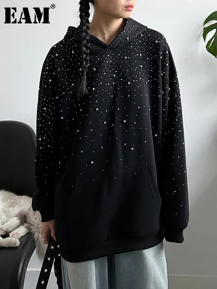 [EAM] Black Rhinestones Shining Thick Sweatshirt New Hooded Long Sleeve Women Big Size Fashion Tide Spring Autumn 2026 1DJ0096