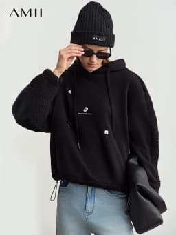 Amii Drawstring Hooded Splicing Imitation Lamb Wool Sweatshirt Embroidered 2024 Winter Women's Loose Thermal Tops 12444131