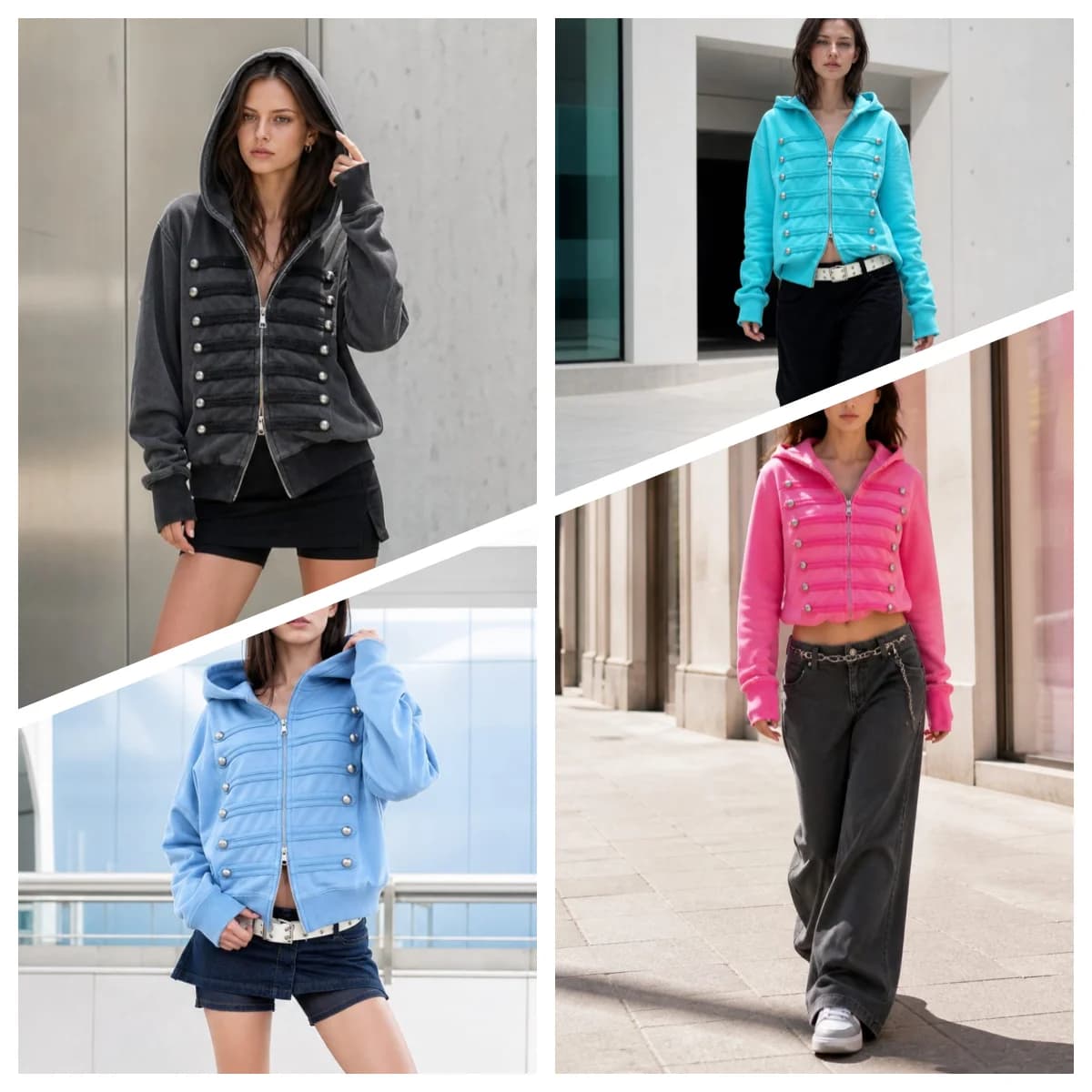 Goth Hip Hop Y2k Zip Up Hoodie Washed Vintage Double Row Silver Buckle Hoodie Sweatshirt All Match Harajuku Loose Hoodies Women