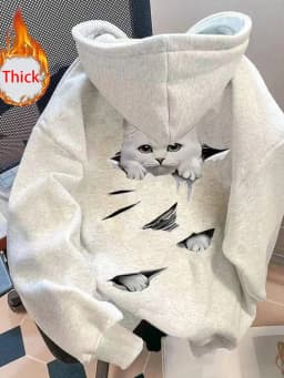 Cute Cat Thick Hoodies Women Fall Winter Warm Loose Long Sleeve Soft Tops Coats Vintage Lady Casual Preppy Style Kawaii Pullover