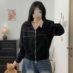 American Vintage Hoodies Women Autumn Loose Distressed Rivet Streetwear Sweatshirts Fashion Casual Long Sleeve All Match Outwear