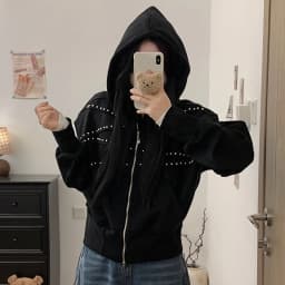 American Vintage Hoodies Women Autumn Loose Distressed Rivet Streetwear Sweatshirts Fashion Casual Long Sleeve All Match Outwear