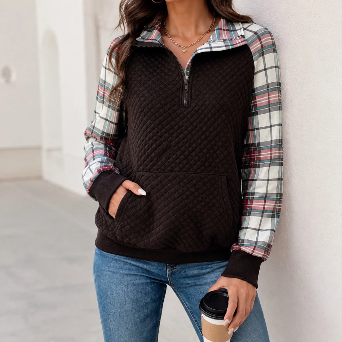 Stand Collar No Hood Hoodie with Loose Fit Literary Retro Women Sweatshirt Regular Length Drop Shoulder Sleeve Pullover Autumn