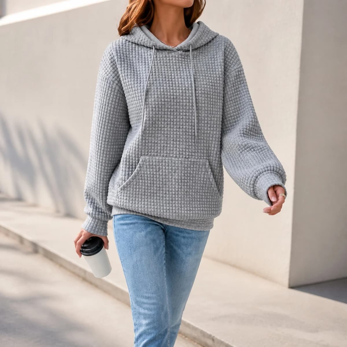 Women's Winter Thick Waffle Knit Solid Color Round Neck Pocket Sweatshirt Hip Length Crinkled Hoodie Women's Hoodies And