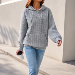 Women's Winter Thick Waffle Knit Solid Color Round Neck Pocket Sweatshirt Hip Length Crinkled Hoodie Women's Hoodies And