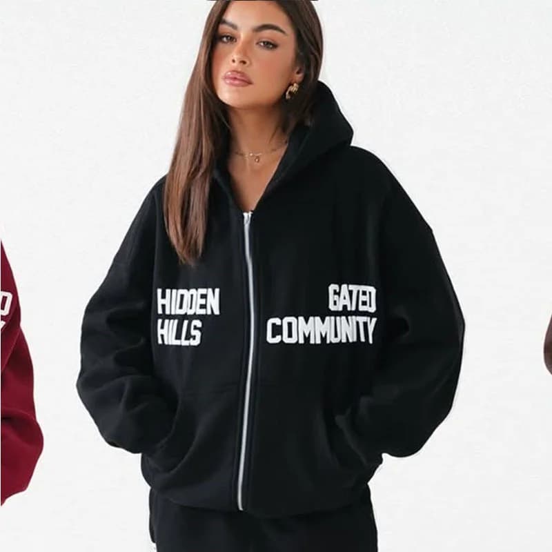 Split Letter Print Zip Up Hoodie For Women Oversized Drawstring Pocket Streetwear Sweat Hoodie