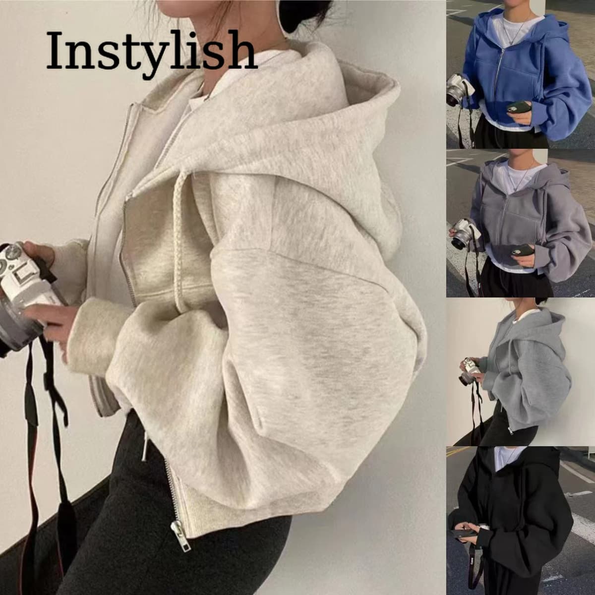 Zippered Long Sleeved Hooded Sweatshirt Loose Casual Simple Trendy Versatile Solid Color Fashionable Lazy Jacket Wholesale