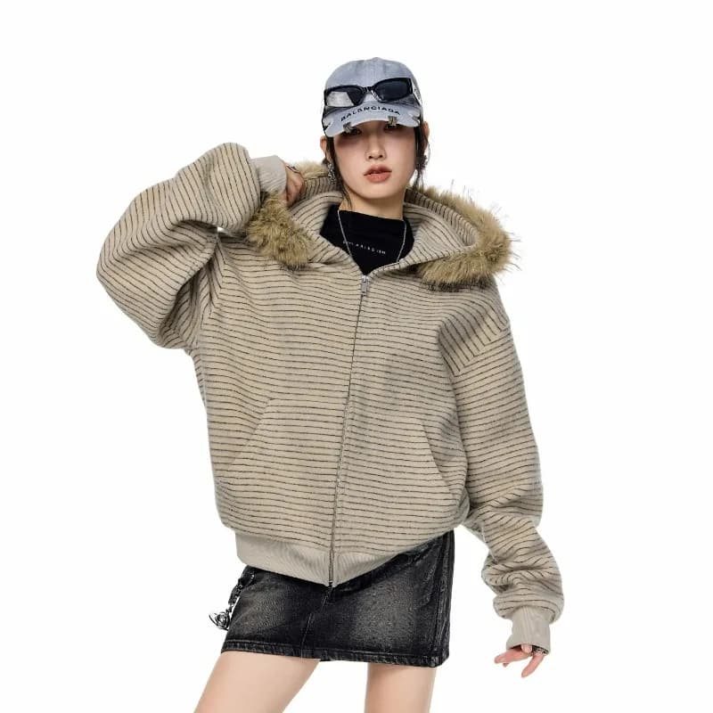Women's Retro Striped Fur Collar Zipper Hoodie 2026 Autumn Winter Korean Fashion Casual Loose Hooded Jacket Coat Y2k Streetwear