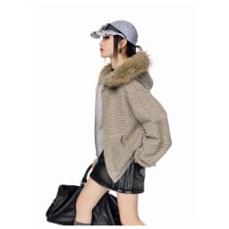 Women's Retro Striped Fur Collar Zipper Hoodie 2026 Autumn Winter Korean Fashion Casual Loose Hooded Jacket Coat Y2k Streetwear