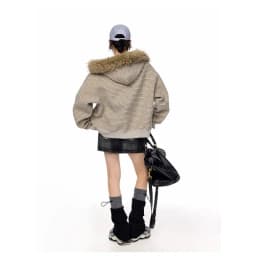 Women's Retro Striped Fur Collar Zipper Hoodie 2026 Autumn Winter Korean Fashion Casual Loose Hooded Jacket Coat Y2k Streetwear