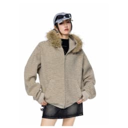 Women's Retro Striped Fur Collar Zipper Hoodie 2026 Autumn Winter Korean Fashion Casual Loose Hooded Jacket Coat Y2k Streetwear