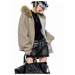 Women's Retro Striped Fur Collar Zipper Hoodie 2026 Autumn Winter Korean Fashion Casual Loose Hooded Jacket Coat Y2k Streetwear