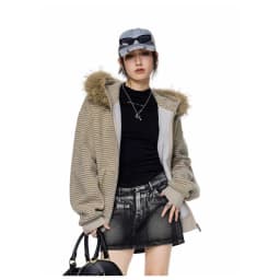 Women's Retro Striped Fur Collar Zipper Hoodie 2026 Autumn Winter Korean Fashion Casual Loose Hooded Jacket Coat Y2k Streetwear