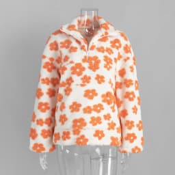 TARUXY Fashion Floral Faux Lambswool Sweatshirt Women's Casual Zipper Pocket Loose Pullover Sweatshirt Autumn Festive Clothing