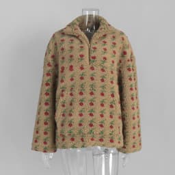 TARUXY Fashion Floral Faux Lambswool Sweatshirt Women's Casual Zipper Pocket Loose Pullover Sweatshirt Autumn Festive Clothing