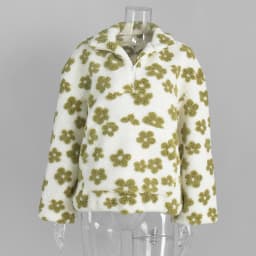 TARUXY Fashion Floral Faux Lambswool Sweatshirt Women's Casual Zipper Pocket Loose Pullover Sweatshirt Autumn Festive Clothing