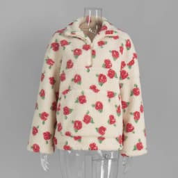 TARUXY Fashion Floral Faux Lambswool Sweatshirt Women's Casual Zipper Pocket Loose Pullover Sweatshirt Autumn Festive Clothing
