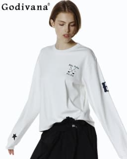 Autumn New 2026 Japanese Style Hoodies for Women Letter Embroidery Loose Casual Commuter Long Sleeve Top Female Cute T-Shirt