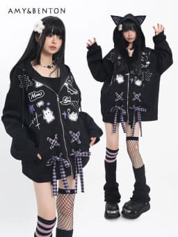 Subculture Bow Splicing Cartoon Print Cat Ears Hoodies Women Autumn Winter Sweet Cool Y2k Hot Girl Gothic Splicing Color Hoodies