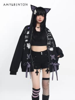 Subculture Bow Splicing Cartoon Print Cat Ears Hoodies Women Autumn Winter Sweet Cool Y2k Hot Girl Gothic Splicing Color Hoodies