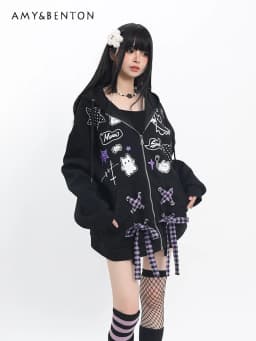Subculture Bow Splicing Cartoon Print Cat Ears Hoodies Women Autumn Winter Sweet Cool Y2k Hot Girl Gothic Splicing Color Hoodies