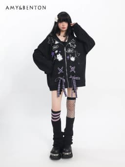 Subculture Bow Splicing Cartoon Print Cat Ears Hoodies Women Autumn Winter Sweet Cool Y2k Hot Girl Gothic Splicing Color Hoodies